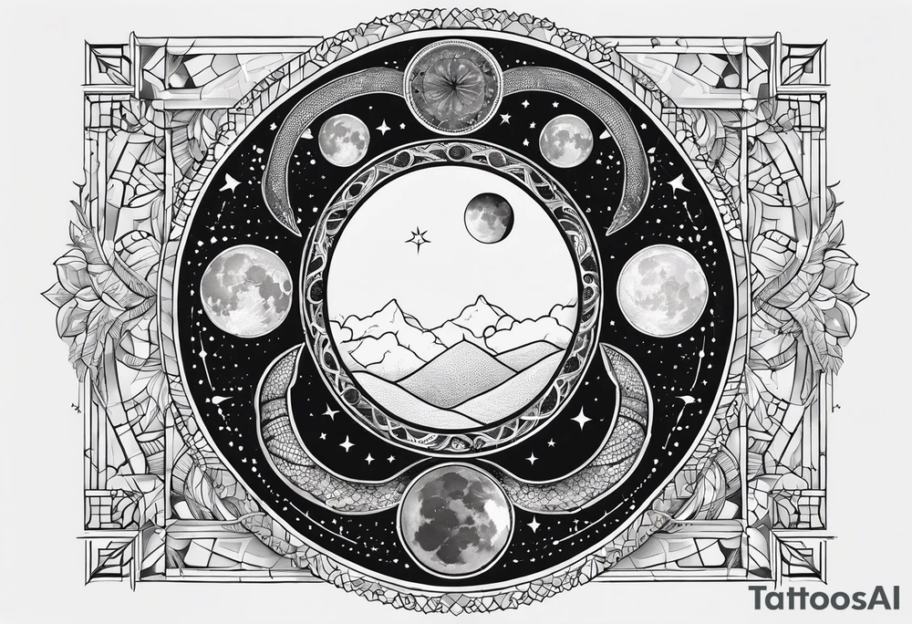 Fine line snake, moon phases, constellations tattoo idea