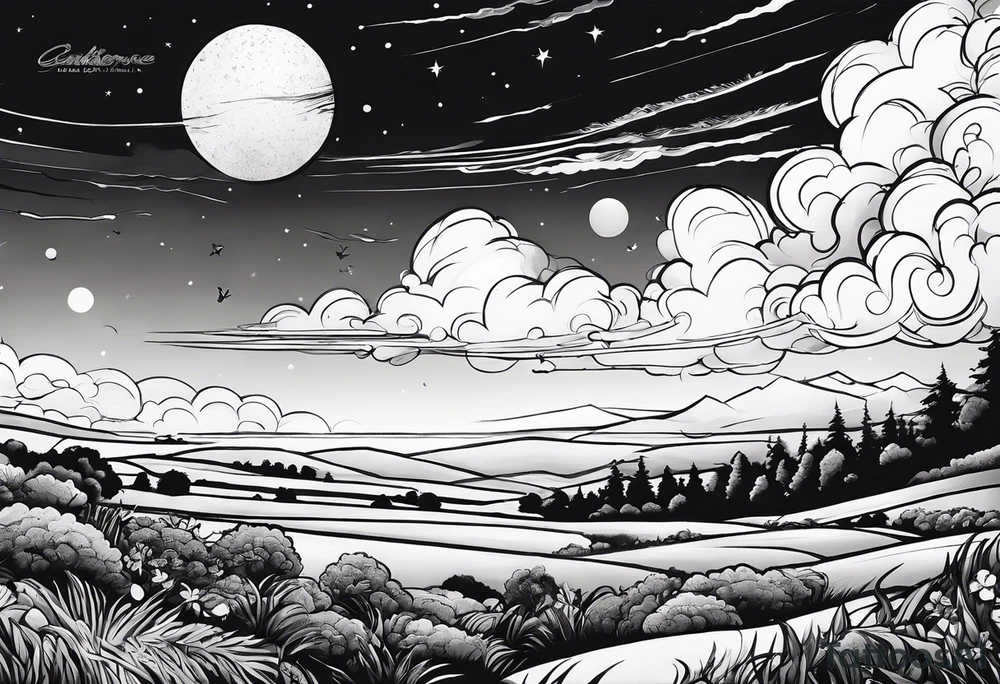 I want a arm sleeve where the sky is the background like the Calvin and Hobbes picture of them looking up at the sky tattoo idea