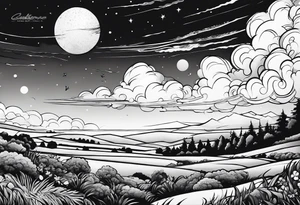 I want a arm sleeve where the sky is the background like the Calvin and Hobbes picture of them looking up at the sky tattoo idea