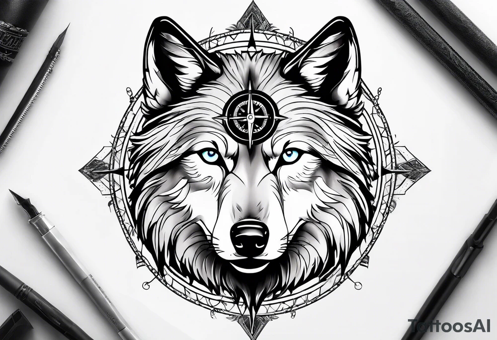 Wolf over toddle face with compass tattoo idea
