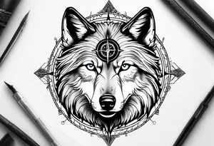 Wolf over toddle face with compass tattoo idea