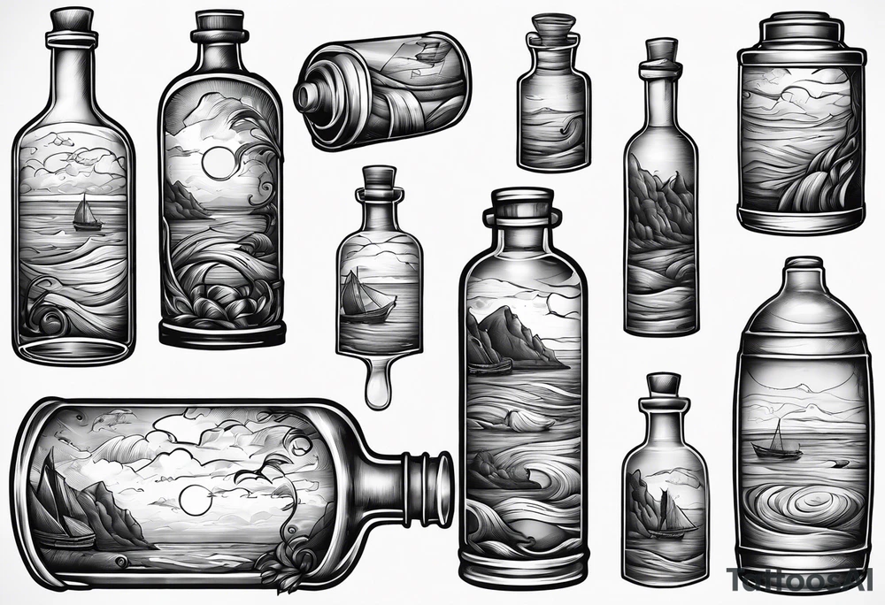 A message in a bottle. Rolled up map inside the bottle tattoo idea