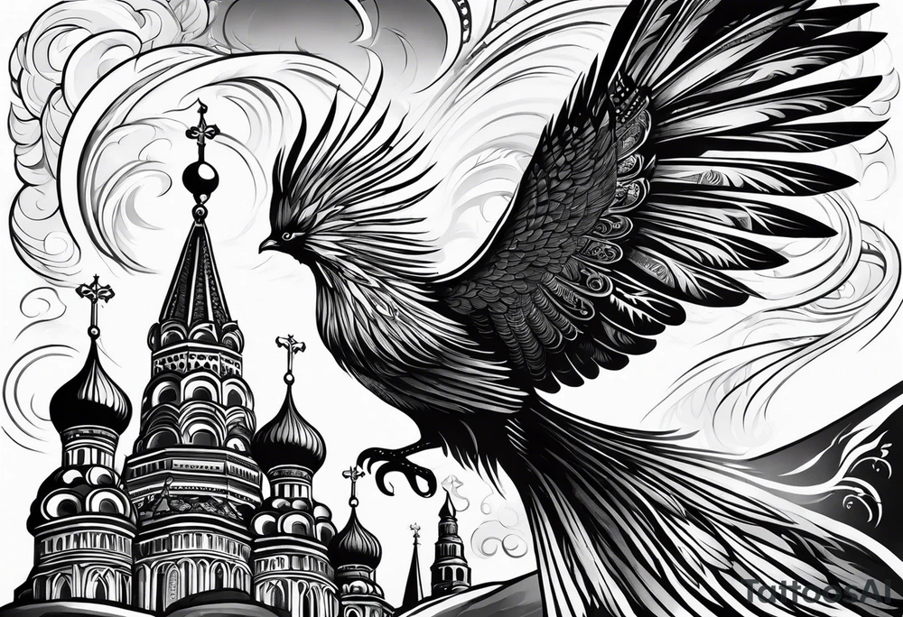 russian firebird in-flight with fancy tail and small onion cap monastery towers in background, with "Isaiah 43: 18-19" tattoo idea