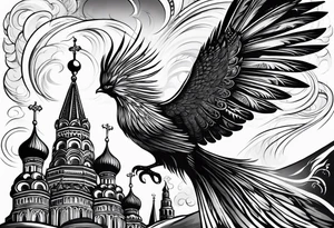 russian firebird in-flight with fancy tail and small onion cap monastery towers in background, with "Isaiah 43: 18-19" tattoo idea