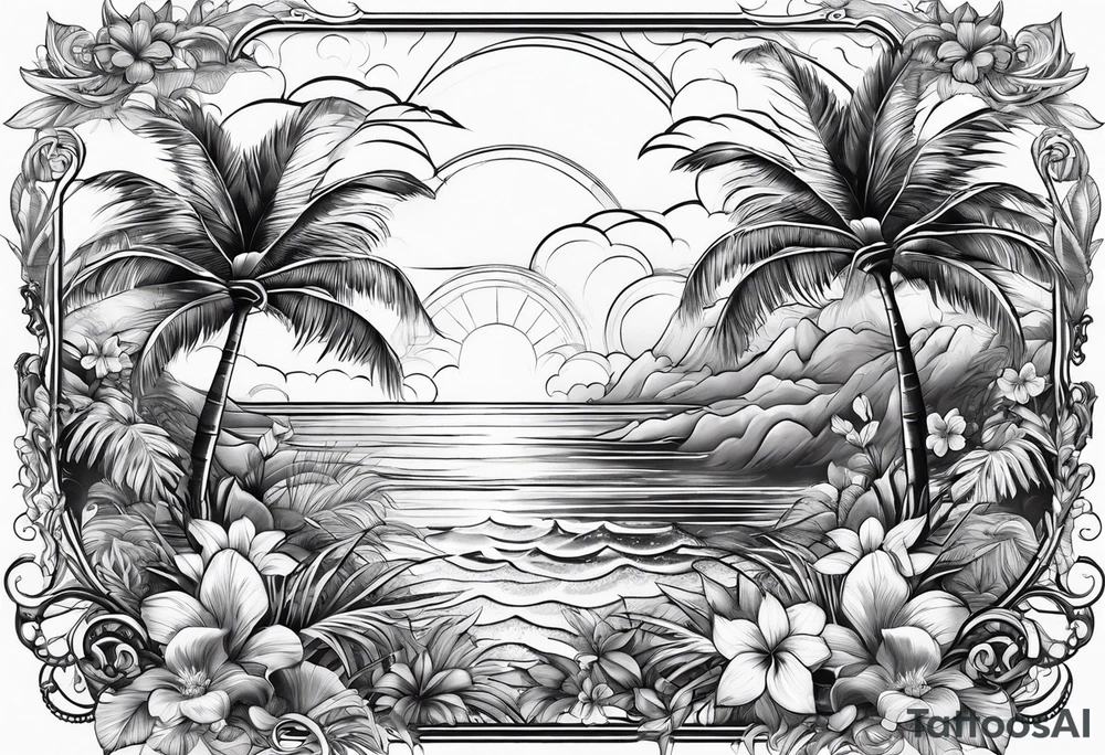 Ocean palm trees flowers tattoo idea