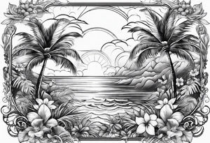 Ocean palm trees flowers tattoo idea