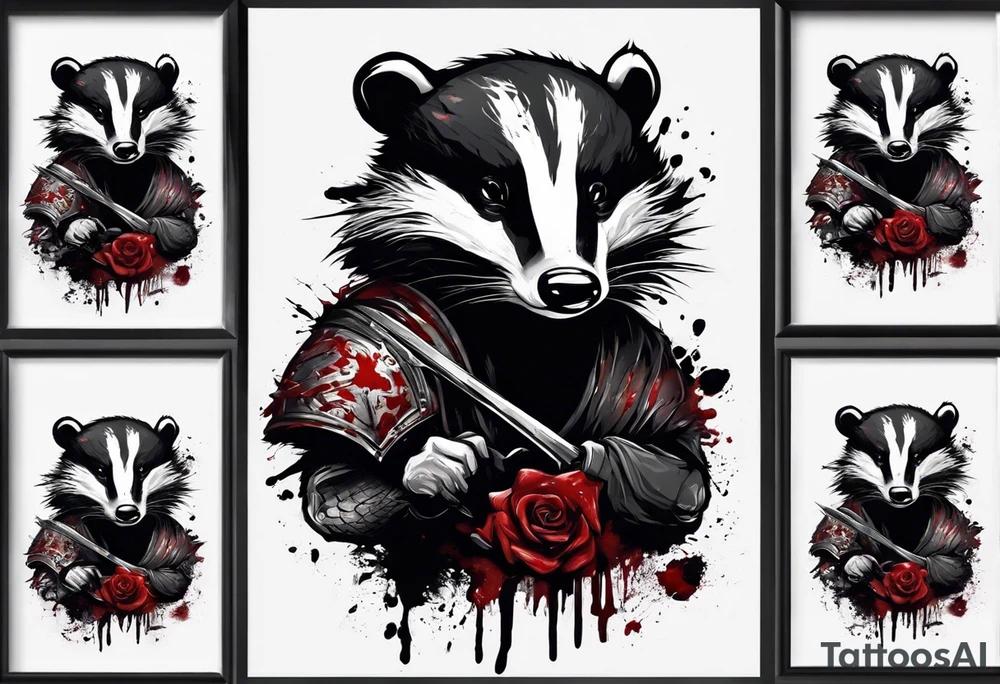 Draw me psychopath badger/Warrior with aggressive full body, killer face with a smile, very long nails and he attacks like a Bloody Gladiator to us and also, he has very deadly looking. He fights with his nails. Everybody scares after their first sight. Give me horror type Badger Tattoo. tattoo idea