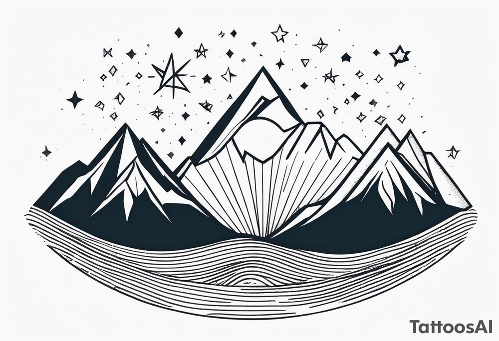 Mountain Massif, one Peak, only peak surrounded woth semi circle dashed Line, in semi circle two littel fine Stars coloured, waves overlapping in Side, Open geometrical Forms Like Diamond with Open lines tattoo idea