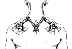 A very realistic, large Viking axes across my shoulder blades tattoo idea