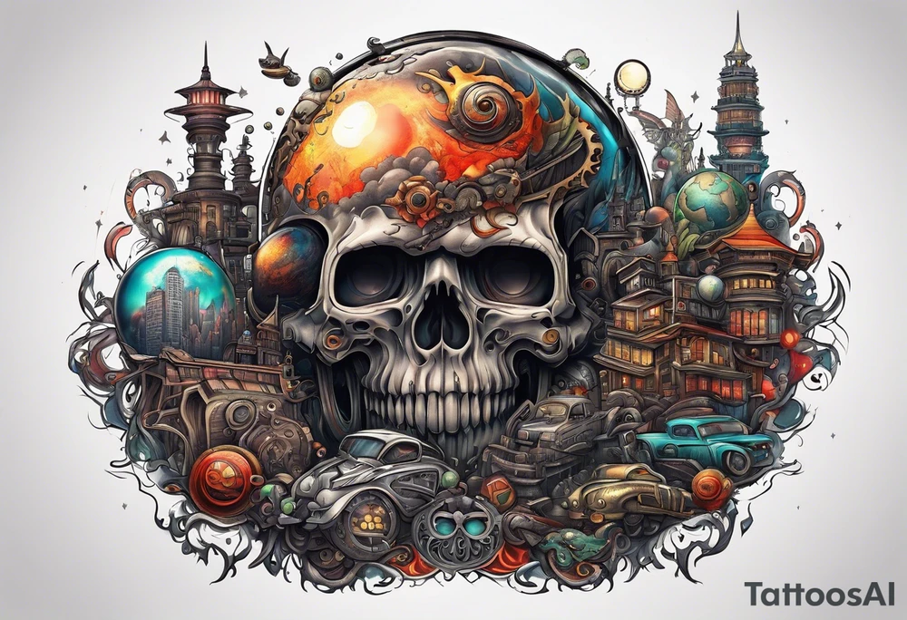 Planet,city,monsters. tattoo idea