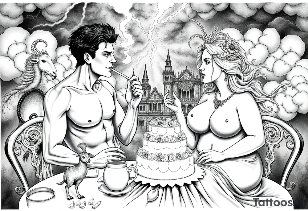 Naked Man and woman eating cake  having sex Storm lightening clouds gothic sexy naked fat lady having a tea party with tea pot and medieval castle
with a pigglets, peacock, noose, lion, goat, smoking cigerettes looking in the mirror thru storm clouds with razor blades and broken hearts and darkness and wrath, envy , gluttony, greed, sloth, pride kill tattoo idea