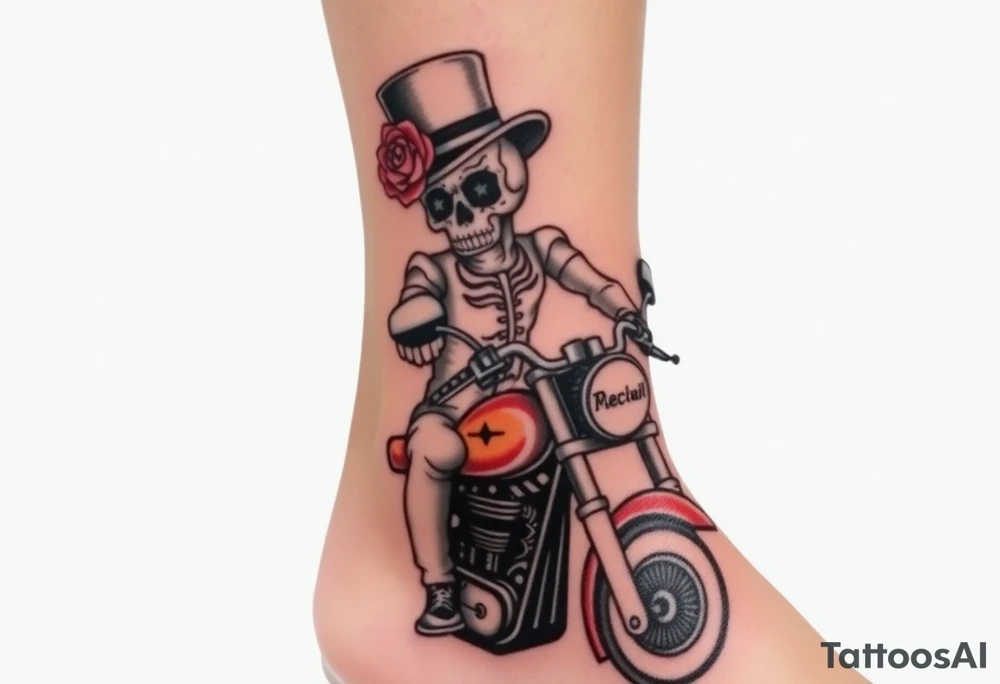 create an decorated "day of the dead skull" wearing a top hat with roses who is riding a retro motorcycle tattoo idea