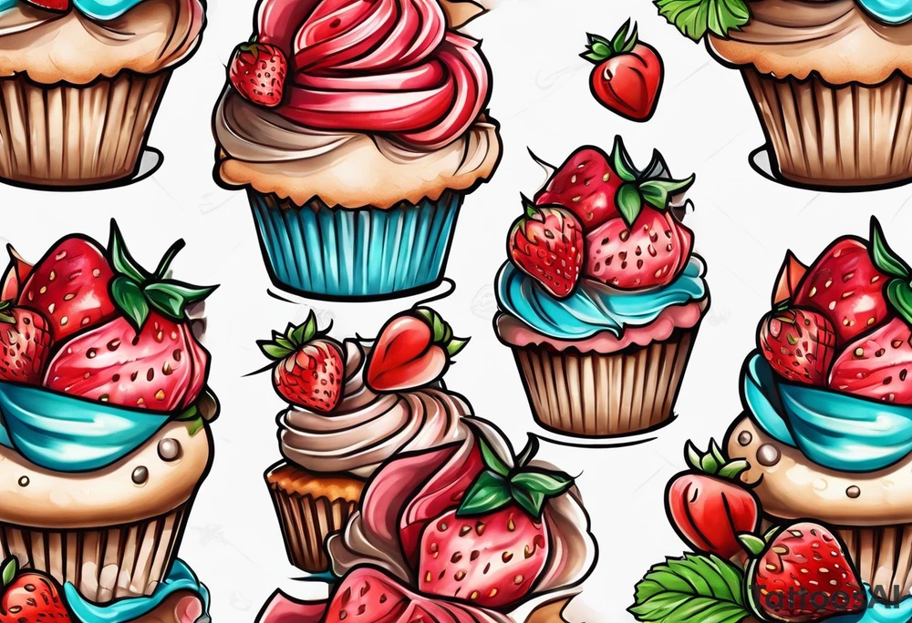 Cupcake with strawberries bows and sweet imagery tattoo idea