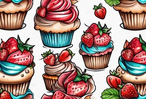 Cupcake with strawberries bows and sweet imagery tattoo idea