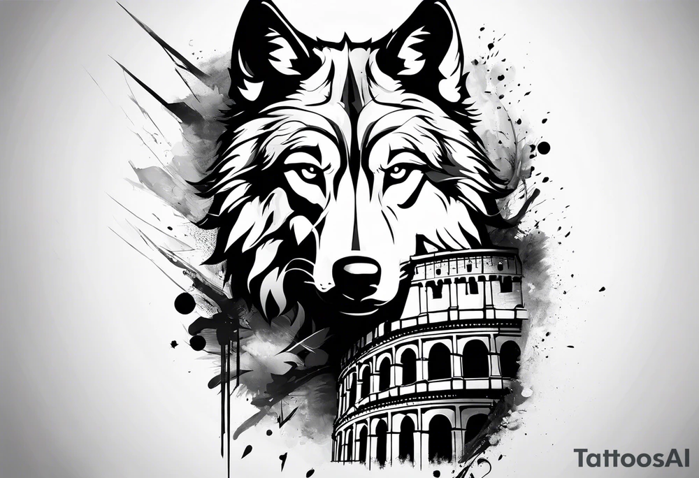 Abstract trash polka style tattoo with a wolf and the Roman Colosseum. tattoo idea