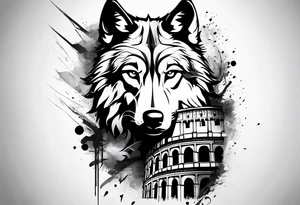 Abstract trash polka style tattoo with a wolf and the Roman Colosseum. tattoo idea