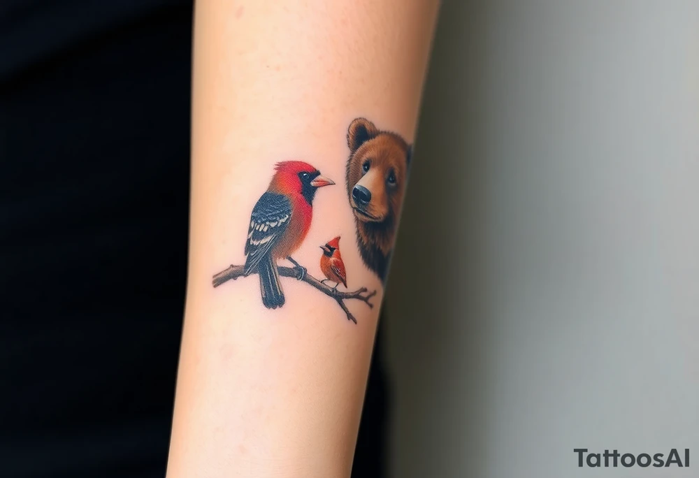 Realistic Woodland with a bear, woodpecker and cardinal tattoo idea