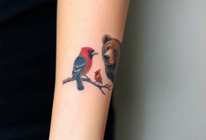 Realistic Woodland with a bear, woodpecker and cardinal tattoo idea