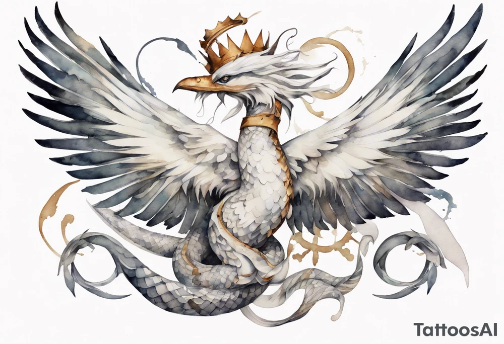 a watercolor of a white bird-serpent hybrid wearing an iron crown, flying tattoo idea