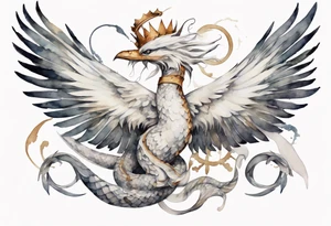 a watercolor of a white bird-serpent hybrid wearing an iron crown, flying tattoo idea