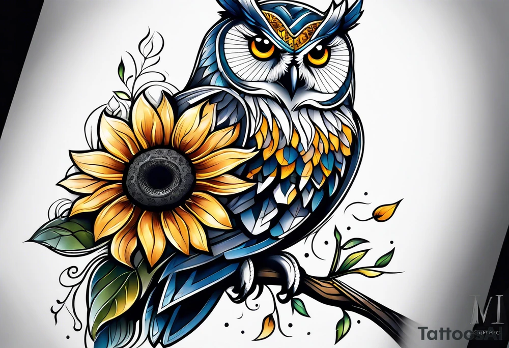 Owl and sunflower sleeve tattoo idea