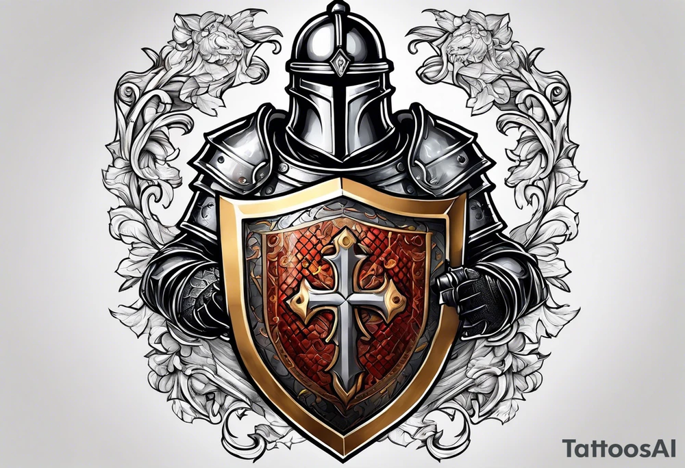 a knight with a bible on his shield tattoo idea