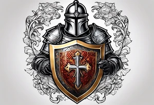 a knight with a bible on his shield tattoo idea