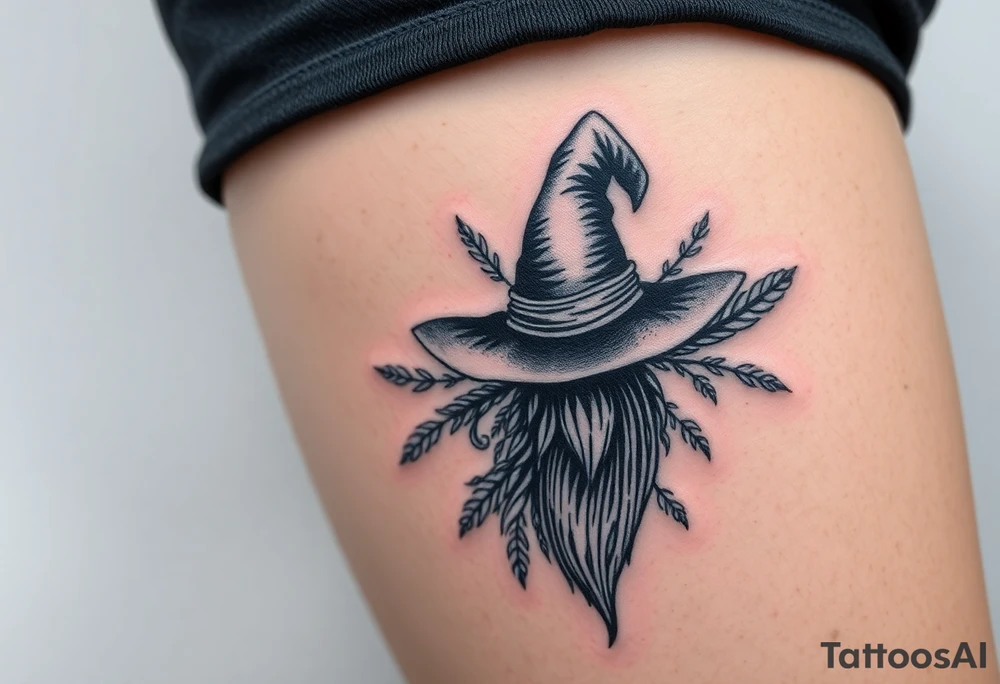Which is broom with a witches hat with vines and feathers 
Smaller broom with hat placed on top or in the middle
Feminine and on a leg tattoo idea