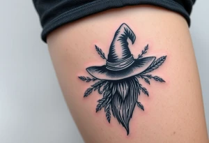 Which is broom with a witches hat with vines and feathers 
Smaller broom with hat placed on top or in the middle
Feminine and on a leg tattoo idea