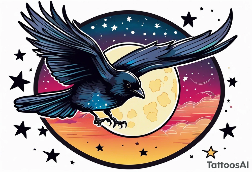 flying crow with a moon and stars in the background tattoo idea