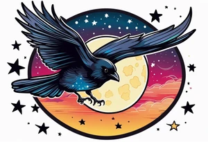 flying crow with a moon and stars in the background tattoo idea