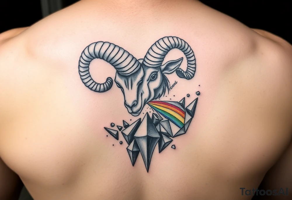 Capricorn ram breaking an unbreakable Simon’s that has fragments of rainbow coming of the diamond pieces tattoo idea