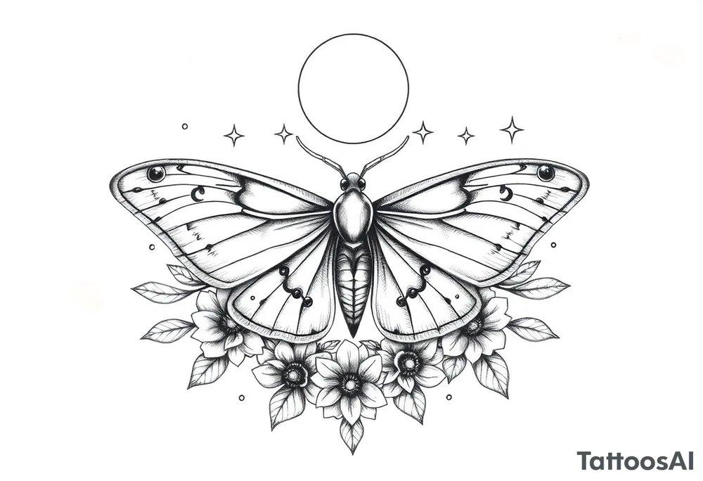 Delicate Luna moth surrounded by celestial accents tattoo idea