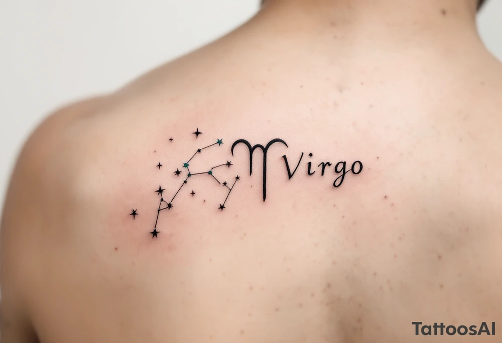 A minimalist Virgo zodiac sign in burnt sienna is followed by a sweeping arc of teal stars forming the constellation. tattoo idea