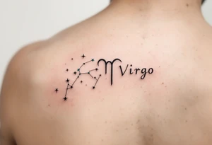 A minimalist Virgo zodiac sign in burnt sienna is followed by a sweeping arc of teal stars forming the constellation. tattoo idea