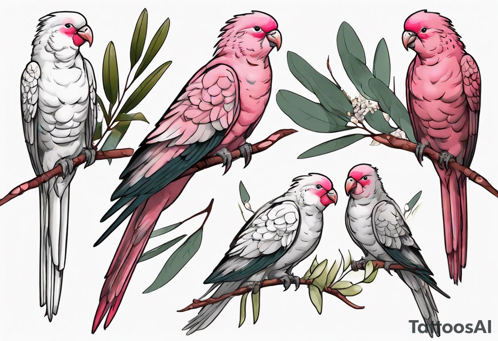 Galahs sitting on wattle and eucalyptus leaves tattoo idea