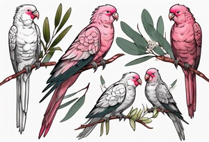 Galahs sitting on wattle and eucalyptus leaves tattoo idea