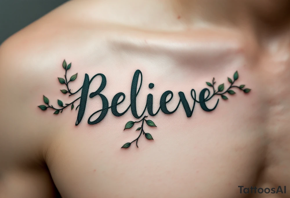 "Believe" in dark green with vines wrapping around the letters, representing nature's resilience and growth. tattoo idea