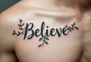 "Believe" in dark green with vines wrapping around the letters, representing nature's resilience and growth. tattoo idea