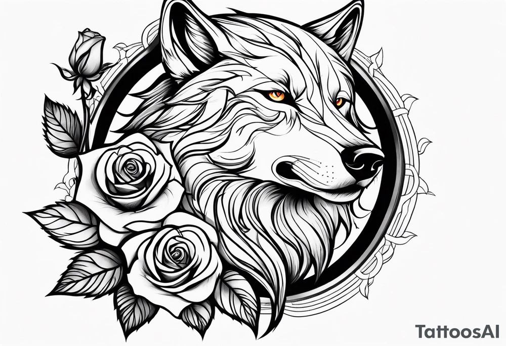 Rose with flames from top into a wolf tattoo idea