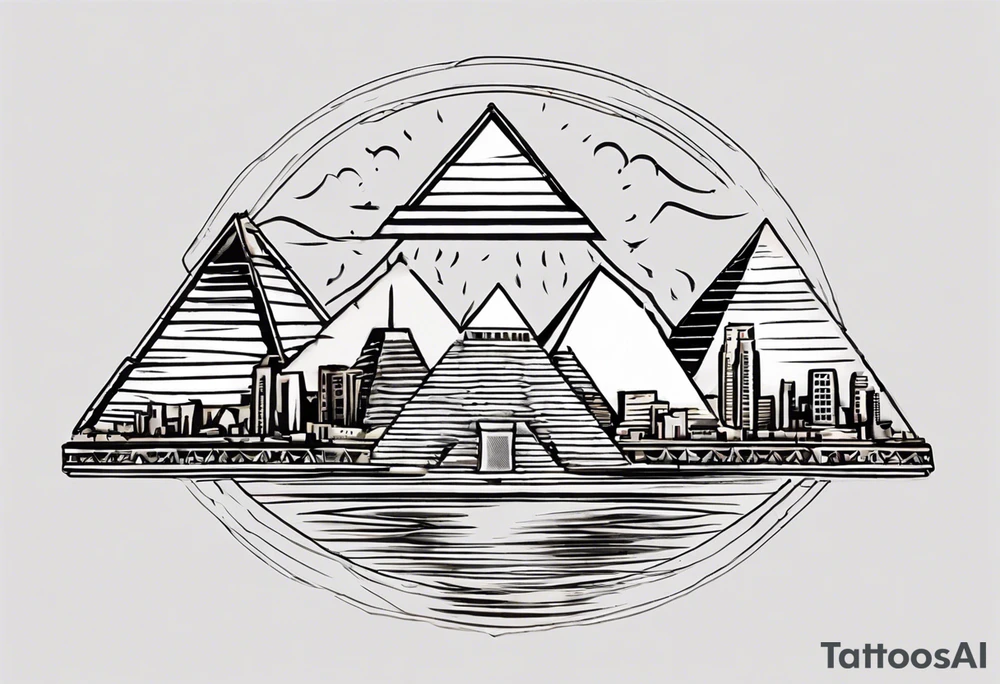 design featuring the Pyramids of Giza gracefully merging with the Manhattan skyline. Integrate the Nile River flowing into the Hudson River to symbolize your cultural journey. Keep the design clean and impactful, focusing on key elements to maintain a timeless and meaningful representation of your identity and experiences. tattoo idea