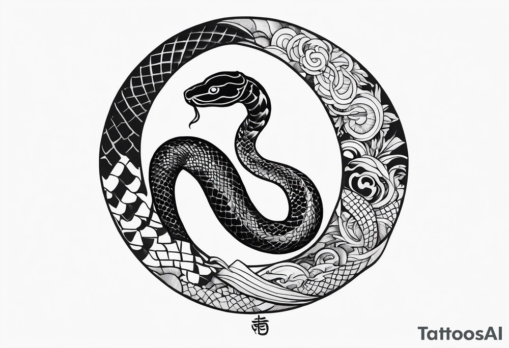 Snake tattoo for placement down along the spine with the head positioned at the bottom in japanese style to symbolise a journey of healing and transformation with reference to ying yang tattoo idea