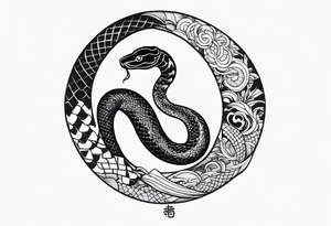 Snake tattoo for placement down along the spine with the head positioned at the bottom in japanese style to symbolise a journey of healing and transformation with reference to ying yang tattoo idea