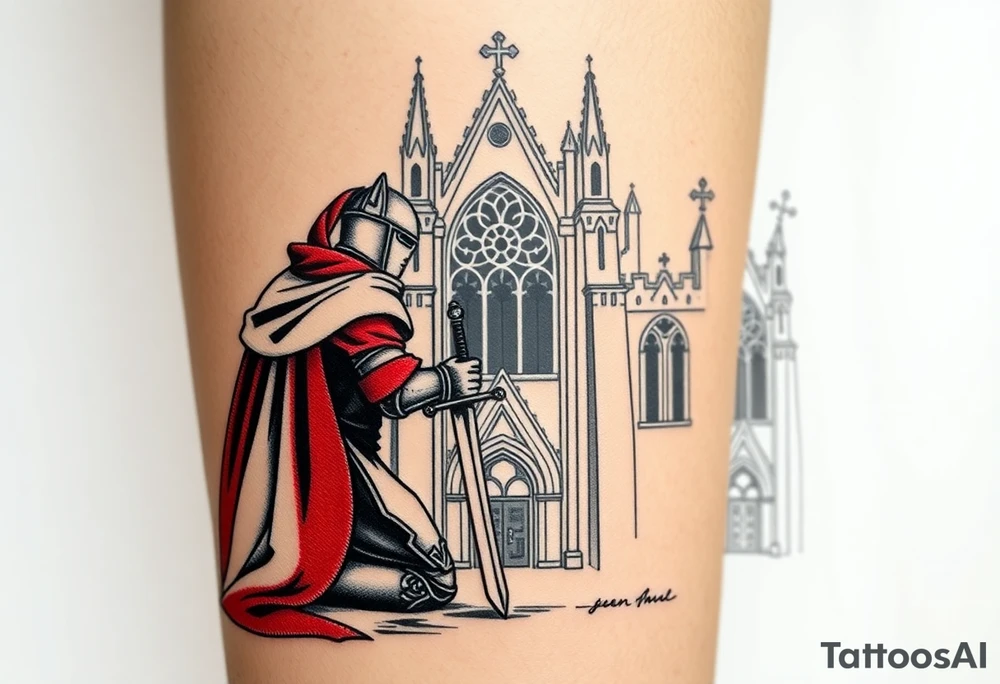 A knight kneeling before a grand Gothic cathedral, his sword planted into the ground, his white and red surcoat flowing in the wind tattoo idea