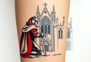 A knight kneeling before a grand Gothic cathedral, his sword planted into the ground, his white and red surcoat flowing in the wind tattoo idea