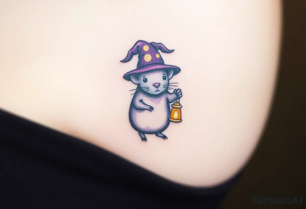 A magical mole wearing a wizard’s hat, holding a tiny glowing lantern, with deep purple and gold hues tattoo idea