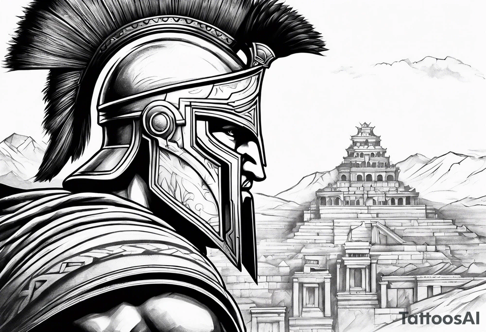 Side profile Spartan Solider ancient city in background tattoo idea Side profile Spartan Solider ancient city in background tattoo idea