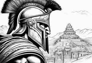 Side profile Spartan Solider ancient city in background tattoo idea