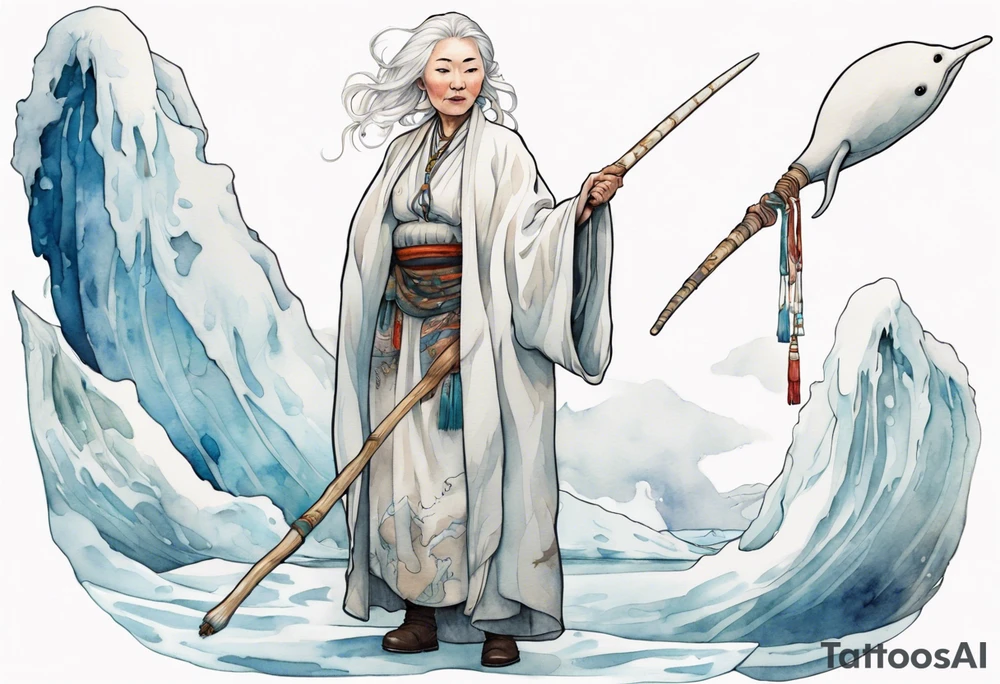 a 40 year old Sami woman with white hair and a white robe holding a long white narwhal horn, standing on an iceberg tattoo idea