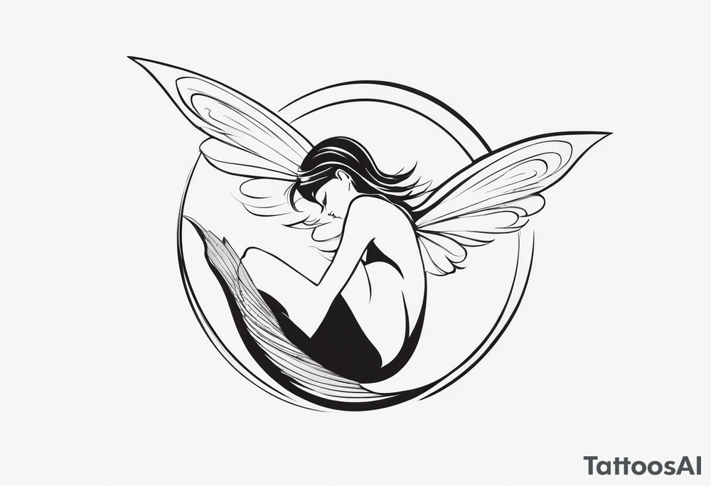 Minimalistic, monochromatic fairy with a tail flying to the left in a fetal position, leaning and looking in the same direction, with visible hands, embodying the 'Fairy Tail' logo aesthetic. tattoo idea